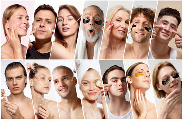 Young and mature people taking care after skin condition, using beauty products for healthy...
