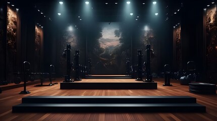 3d rendering of an empty stage in a dark room illuminated by spotlights