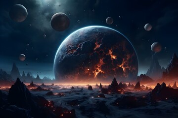 Fantasy alien planet. Mountain and moon. 3D illustration.