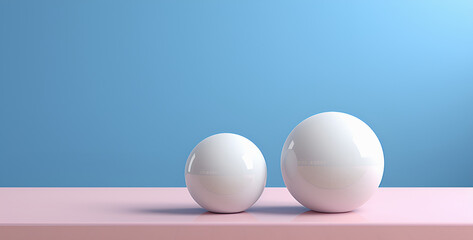 Minimalist geometric still life. Two white sphere on pink podium in front of blue backdrop.