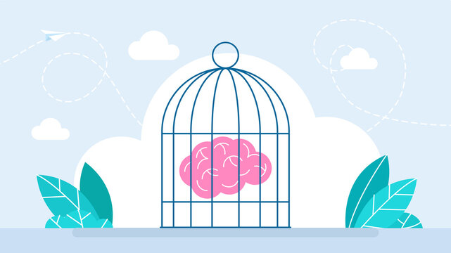 A brain in the cage. Describe confined mind. Human brain trapped in cage. Depression, panic and worry, memory problems, cognitive therapy, mind under control, memory prisoner. Flat illustration