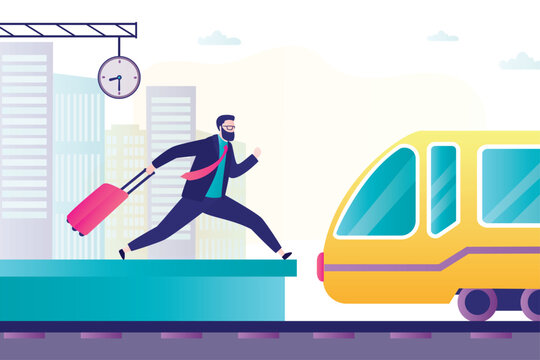 Tourist is late for train. Time management problem. Man missing train. unfortunate passenger running in railway platform to catch leaving wagon, late for departure, losing.