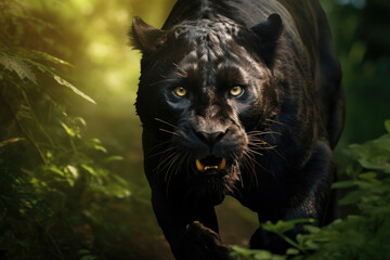 Naklejka na ściany i meble black panther running to catch prey in jungle