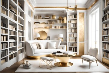 A sophisticated white and golden reading nook with smart furniture, set in a serene abstract library. - obrazy, fototapety, plakaty