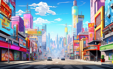 Naklejka premium Pop Art depiction of a futuristic cityscape