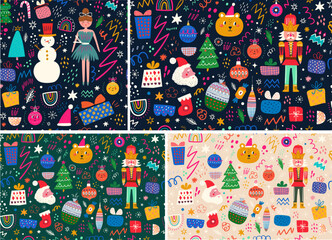 Set of New Year and Christmas seamless patterns with holiday symbols and elements. Christmas and New Year vector backgrounds
