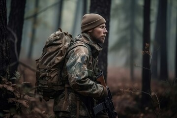 Man backpack camo in forest human. Wild shot bush soldier lifestyle. Generate Ai - obrazy, fototapety, plakaty