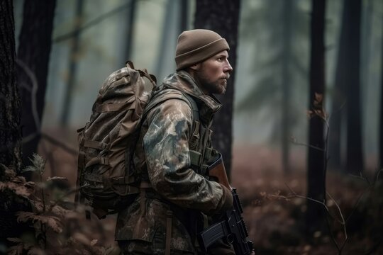 Man backpack camo in forest human. Wild shot bush soldier lifestyle. Generate Ai