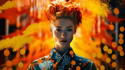 elegant woman with updo hairstyle, pop art deco, art nouveau, vibrant colors, she is superimposed over a backdrop of a glitchy cellular automaton with chinese calligraphy - obrazy, fototapety, plakaty