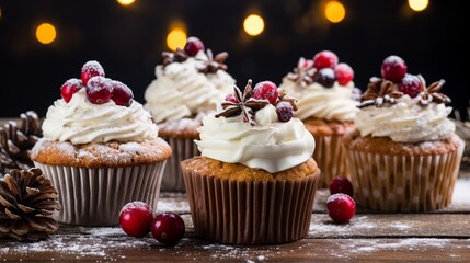Variety of Christmas cupcakes with gingerbread, sugared cranberry and candied pecans