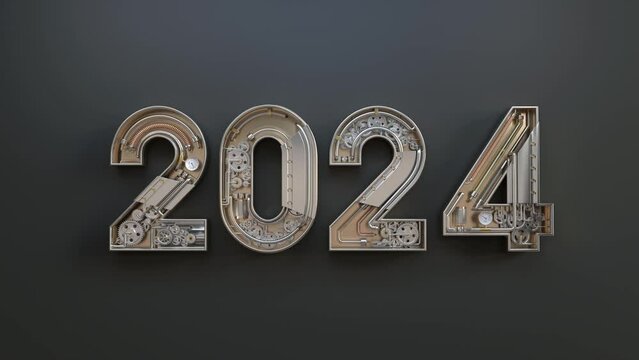 The new year 2024 is made from the mechanical alphabet with gear