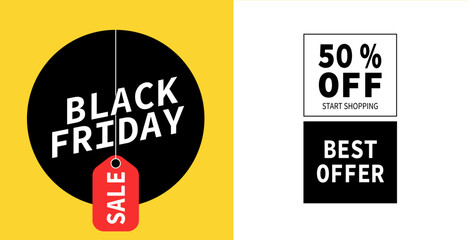 Black friday super sale 50% off with basic geometric style, black circle with white writing and red tag, social media promotion with yellow and white background. vector illustration graphic pattern.