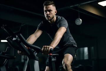 Fototapeta na wymiar Man training fitness bike in gym. Athlete body exercise fit cardio. Generate Ai