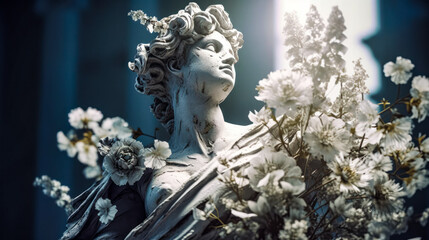 ancient roman antique statue of a beautiful woman, covered with white flowers, romantic, bokeh