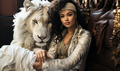 Untamed Elegance: African American Heiress with White Tiger in Magazine Photography
