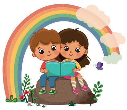 Vector illustration of children sitting under the rainbow reading a book.
