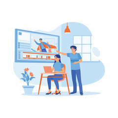 Man and woman working in creative loft office. They work on post-production on a film using a laptop computer. Video Editor concept. trend modern vector flat illustration