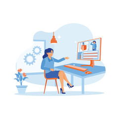 The female video editor shows the post-production results of the recording on the computer screen. He works in a creative loft office. Video Editor concept. trend modern vector flat illustration