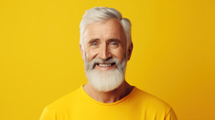 Obraz premium Radiant senior man with a white beard, smiling in a yellow t-shirt against a yellow background.