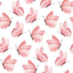 Seamless pattern with pink butterfly, watercolor painting, template for textile, wallpaper, paper.