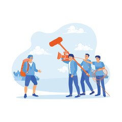 Behind the scenes of the filmmaking process. The film crew filmed a film scene outdoors with a male model wearing a backpack on his back. Video Editor concept. trend modern vector flat illustration
