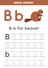 Tracing alphabet letters for kids. Animal alphabet. B is for beaver.