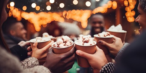 A joyful composition of People hands holding cups of hot cocoa with marshmallows, Close up of friends toasting with mug. Festive Christmas market bokeh lights, wide banner