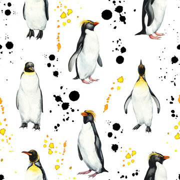 Seamless pattern with penguins illustration, watercolor painting, Winter template for textile, wallpaper, paper.
