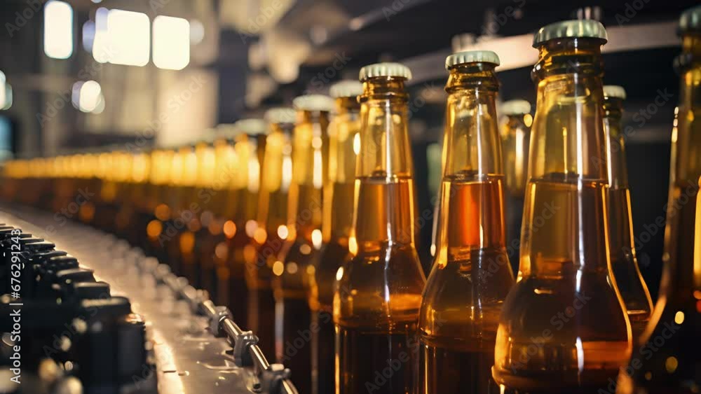 Poster focusing on the bottling line, the scene captures a moment when empty beer bottles are quickly being