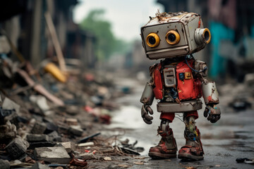 Cute funny robot made of garbage recycling waste. Recycling concept. - obrazy, fototapety, plakaty