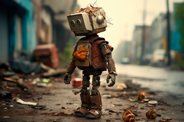Cute funny robot made of garbage recycling waste - obrazy, fototapety, plakaty