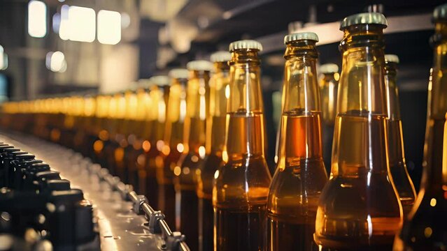Focusing on the bottling line, the scene captures a moment when empty beer bottles are quickly being transported by a mechanized conveyor belt. Robotic arms are poised and ready to fill