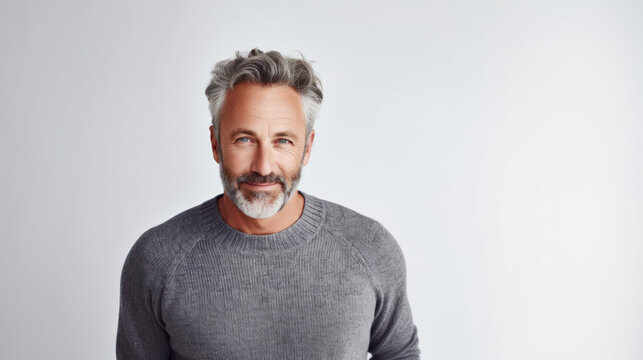 Suave middle-aged man with silver hair, wearing a gray sweater, offering a warm smile on a white background.