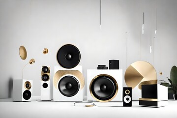 A white and black smart sound system with golden speaker grills, delivering music in an abstract...
