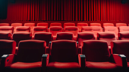 Rows of red velvet seats watching movies in the cinema