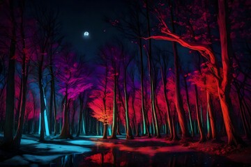 A neon forest at night, with the trees exuding radiant liquid colors