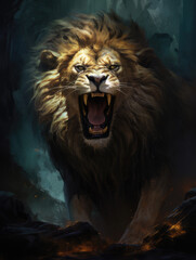 Aggressive roaring lion. Digital art.