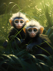 Fototapeta premium Two little monkeys sitting in the grass.. Digital art.