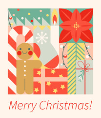 Abstract geometric Christmas vector template. Modern hand drawn colorful illustration. Greeting card with Gingerbread man, Christmas tree, candy cane.