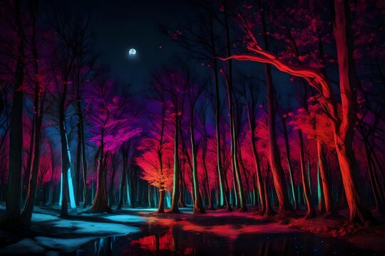 A neon forest at night, with the trees exuding radiant liquid colors © ALLAH LOVE