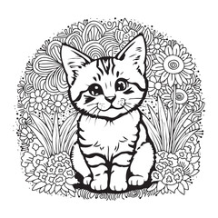 Fototapeta premium Cute kitten in a flower garden. Vector illustration for coloring. Coloring page for children and adults, line art, outline drawing.
