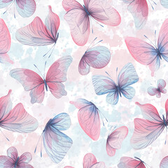 Fototapeta na wymiar Butterflies are pink, blue, lilac, flying, delicate with wings and splashes of paint. Hand drawn watercolor illustration. Seamless pattern on a white background, for design