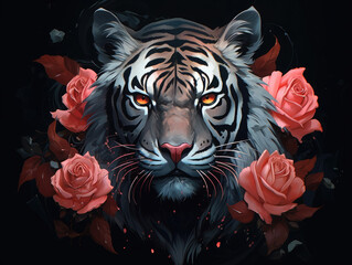 Tiger and roses. Digital art.