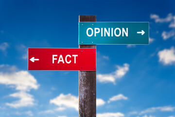 Fact versus opinion - Road sign with two options. - obrazy, fototapety, plakaty