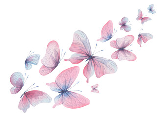 Butterflies are pink, blue, lilac, flying, delicate with wings and splashes of paint. Hand drawn watercolor illustration. Motion composition on a white background, for design
