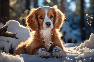 Red Cavalier King Charles dog in the snow - 676293412