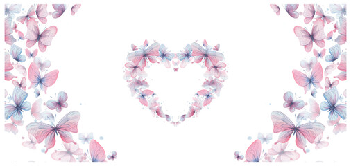 Butterflies are pink, blue, lilac, flying, delicate with wings and splashes of paint. Hand drawn watercolor illustration. Triptych with templates and heart on a white background, for design