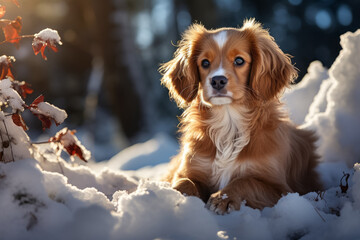 Red Cavalier King Charles dog in the snow - 676293446