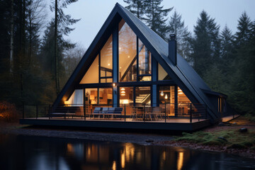 Modern wooden frame house in the forest in the evening