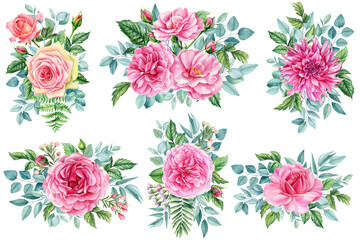 Set of Bouquet of flowers roses, eucalyptus leaves, Watercolor botanical illustration. Floral design clip art
